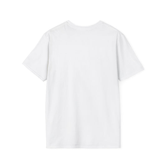 White t-shirt, plain back — skeletons and zombies around a grill on the front
