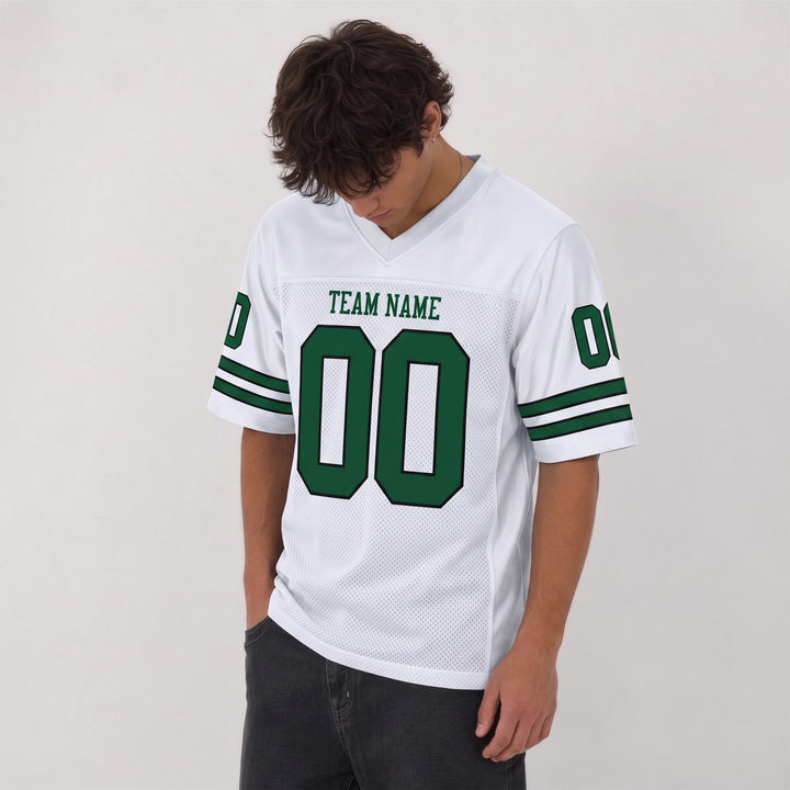 Custom White and Green Football Jersey – Personalized Team Name and Number