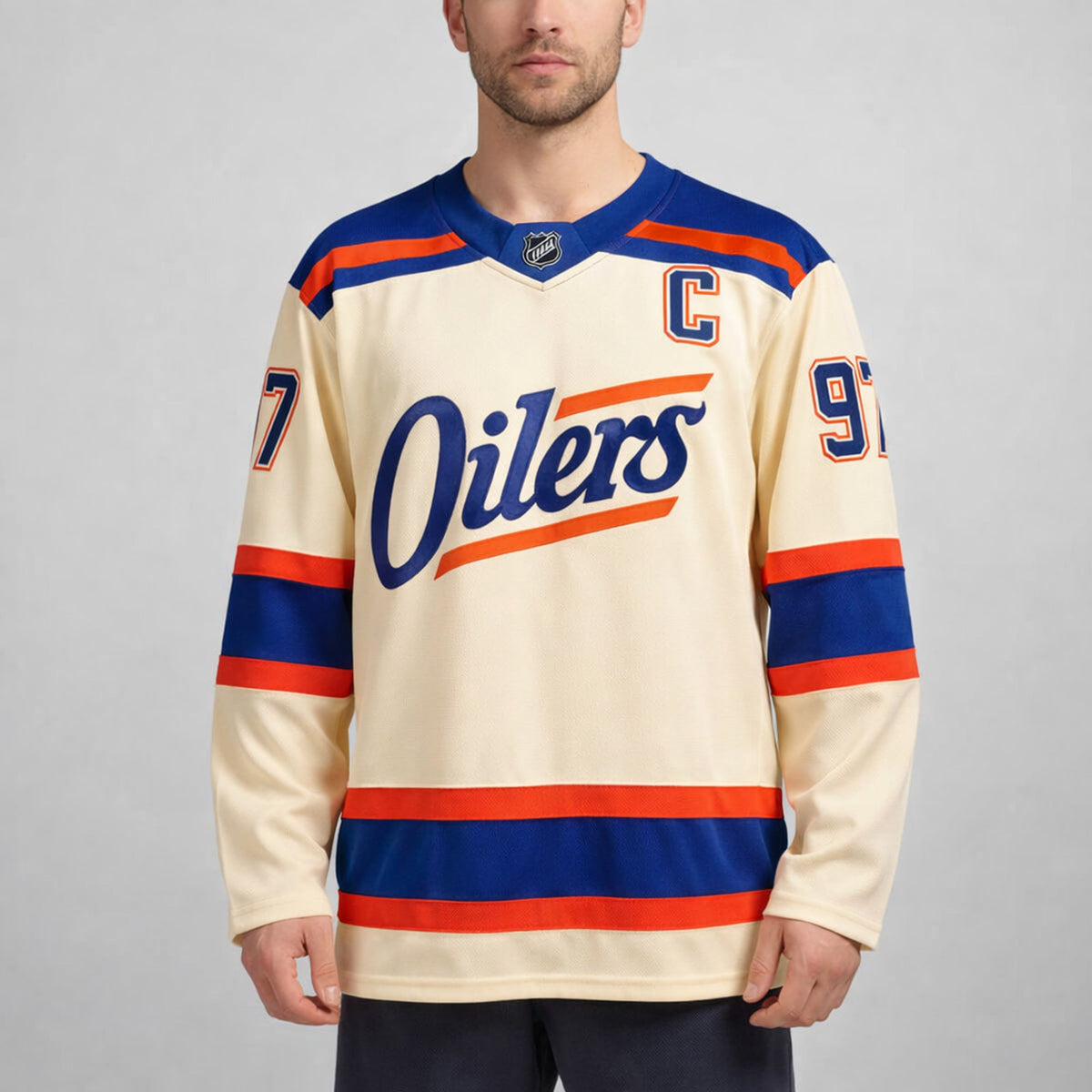 McDavid 97 Oilers Hockey Jersey Cream Blue Orange - 4