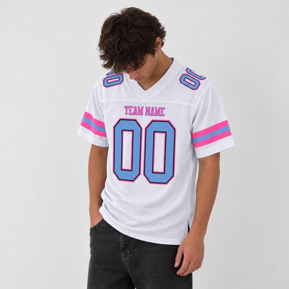 Custom White Light Blue-Pink Mesh Football Jersey - 3