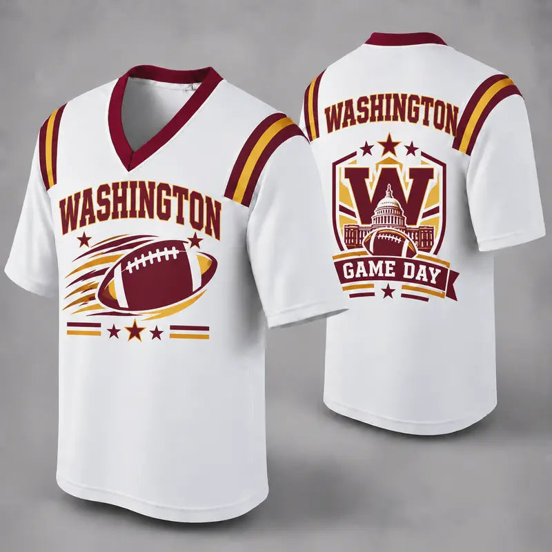 WAS White Football Jersey Washington Game Day Graphic Shirt