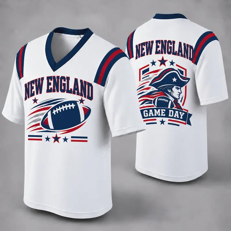 NE White Football Jersey New England Game Day Graphic Shirt