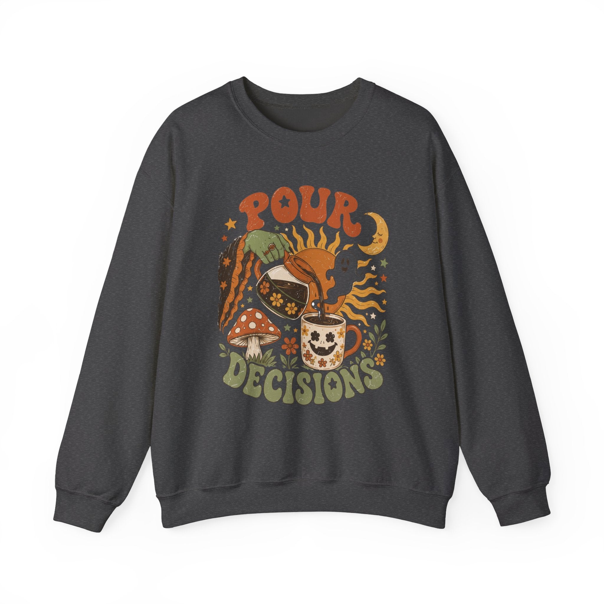 Dark Heather crewneck sweatshirt laid flat, printed with a green witch hand tipping a flower-patterned coffee pot into