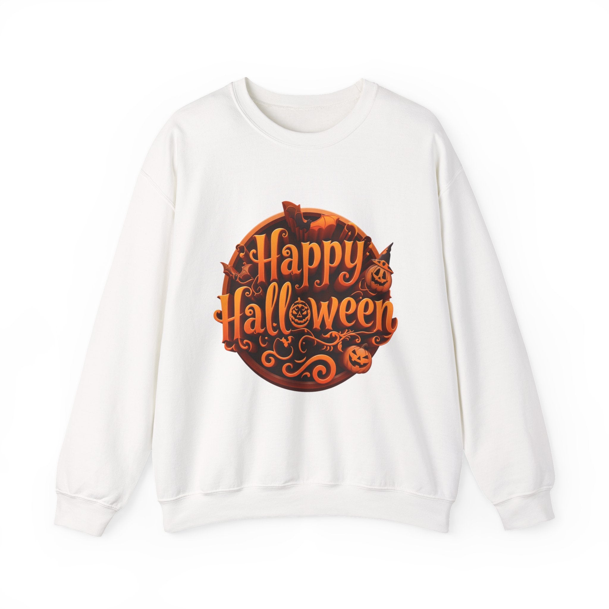 White crewneck sweatshirt laid flat, printed with a glowing orange happy halloween script fills a round badge
