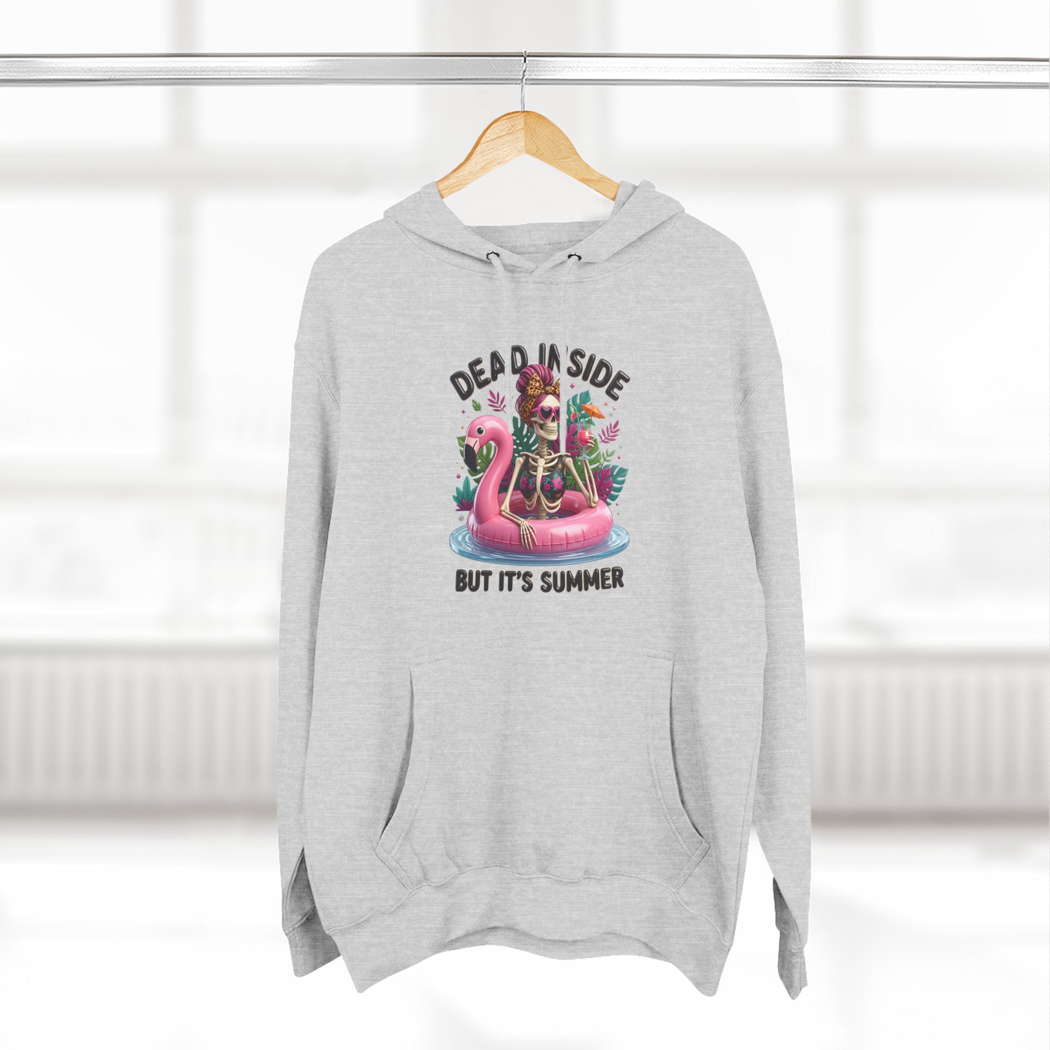 Heather Grey hoodie styled flat with a candle — retro pink skeleton