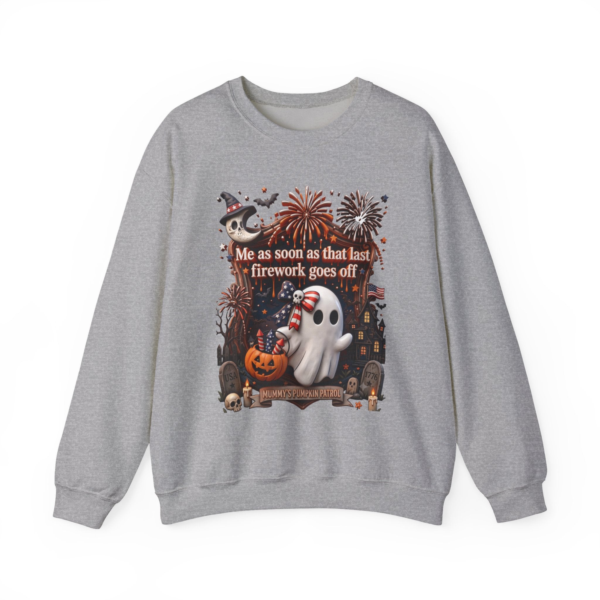 Sport Grey crewneck sweatshirt laid flat, printed with a wide-eyed ghost clutches a striped firework