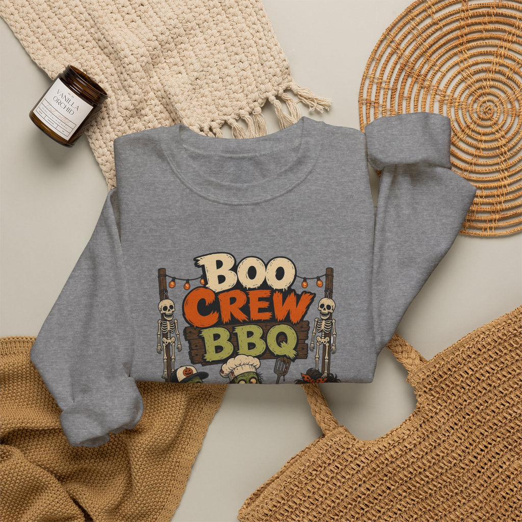 Graphite Heather crewneck sweatshirt styled flat with a candle — skeletons and zombies at the grill