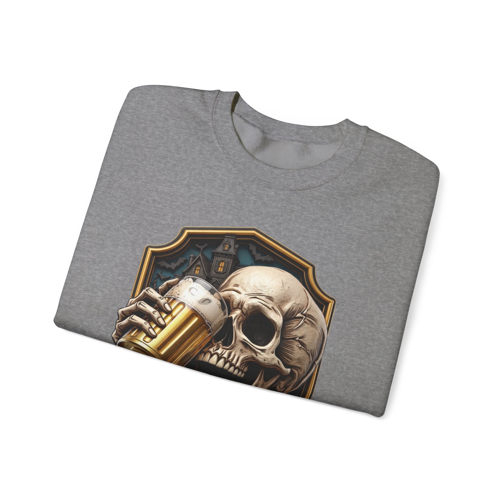 Graphite Heather crewneck sweatshirt folded to show the cracked skull lifts a frothy beer mug inside print