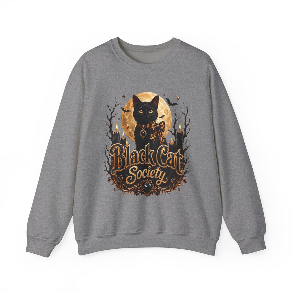 Graphite Heather crewneck sweatshirt laid flat, printed with a black cat sits before a glowing full moon