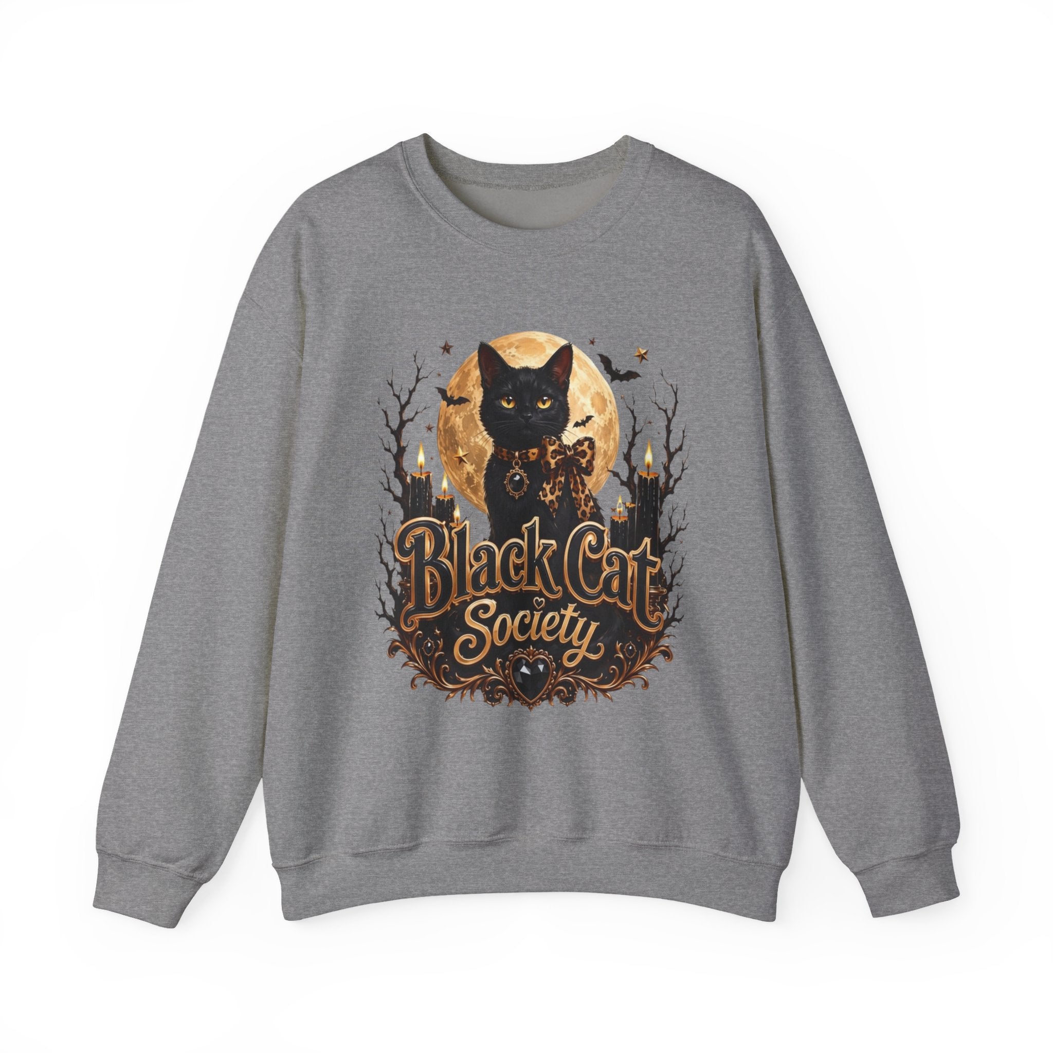 Graphite Heather crewneck sweatshirt laid flat, printed with a black cat sits before a glowing full moon