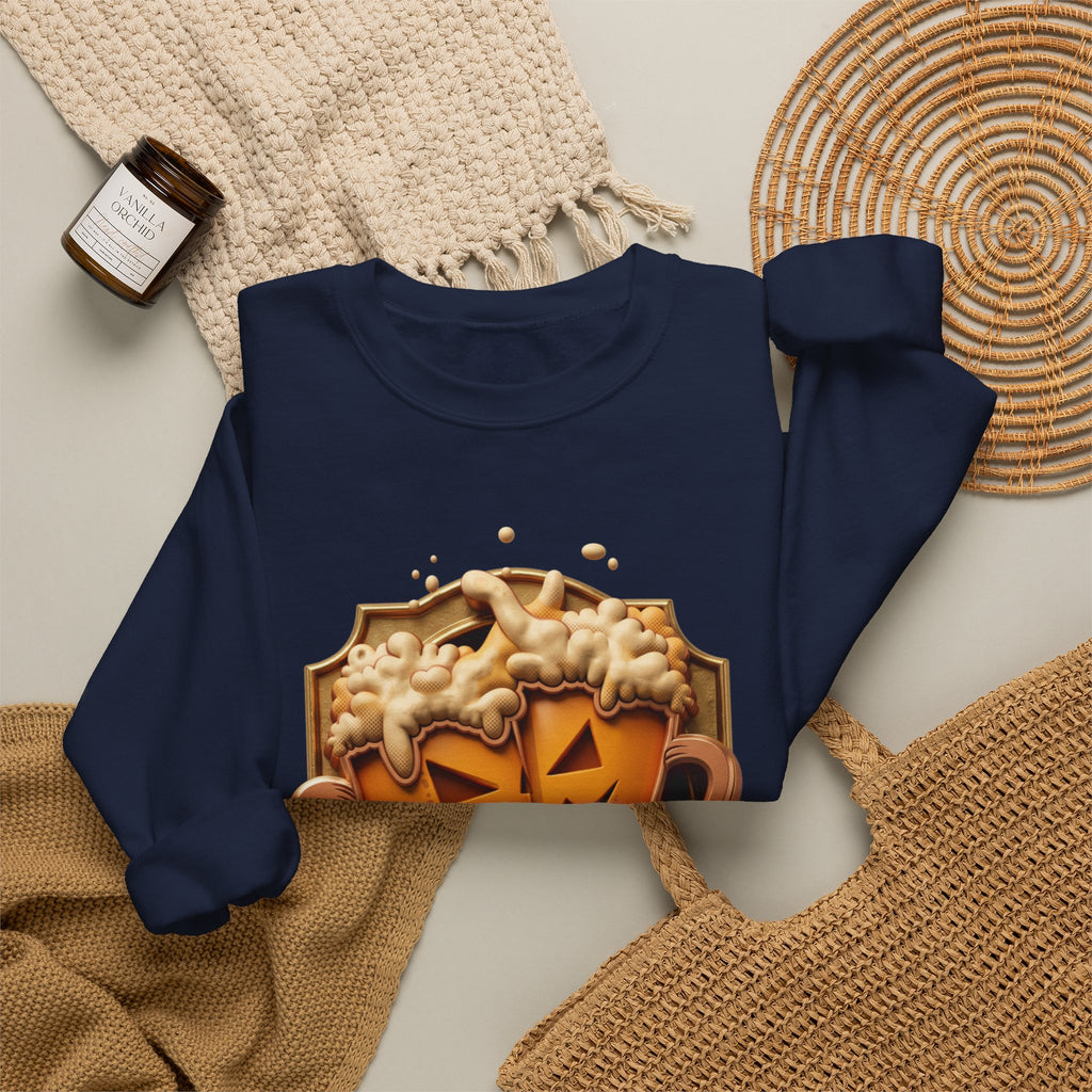 Navy crewneck sweatshirt styled flat with a candle — beer mugs carved as jack-o-lanterns