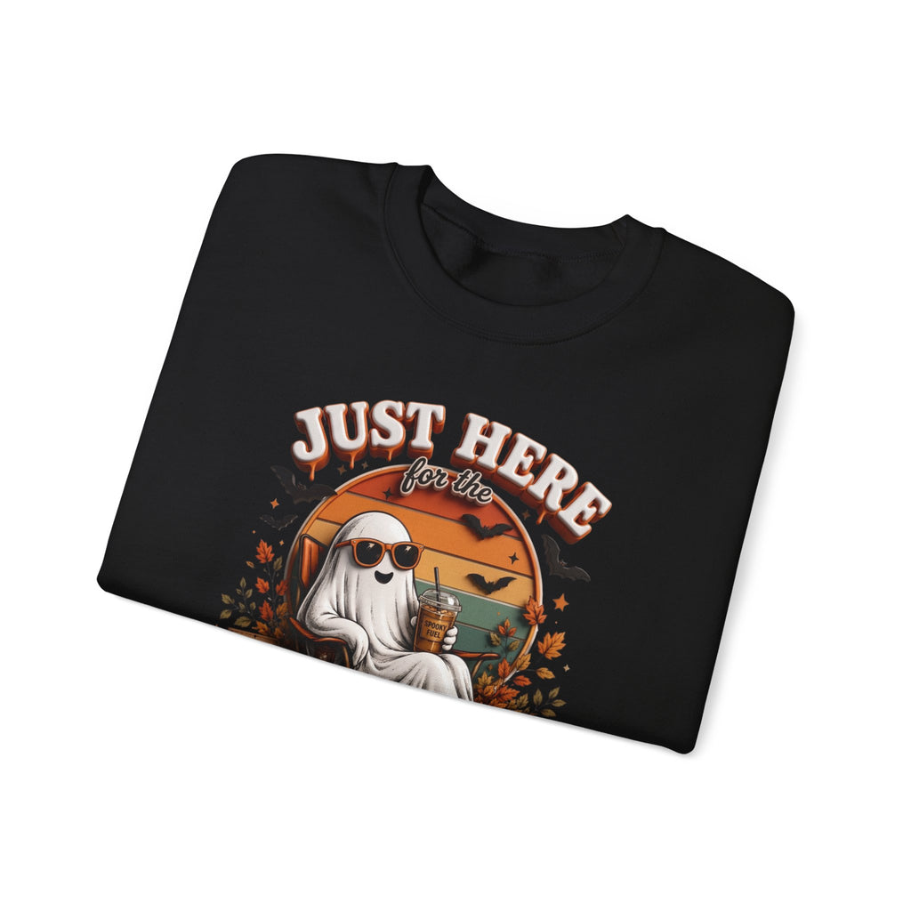 Black crewneck sweatshirt folded to show the ghost in sunglasses kicks back with an iced coffee print