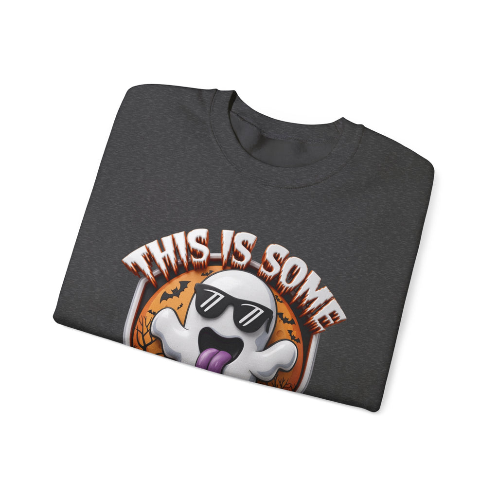Dark Heather crewneck sweatshirt folded to show the cartoon ghost in dark sunglasses sticks its purple tongue print