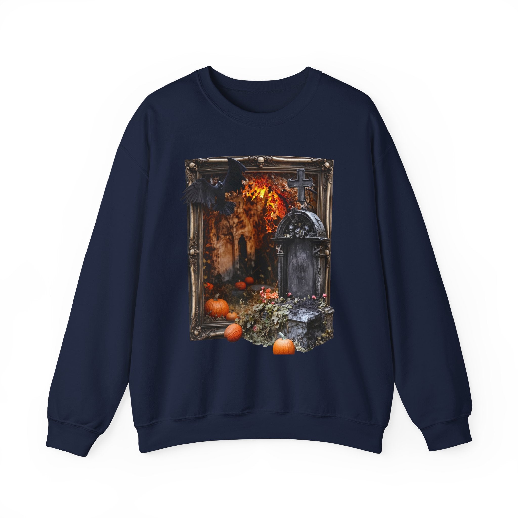 Navy crewneck sweatshirt laid flat, printed with a framed painterly scene of a stone tomb