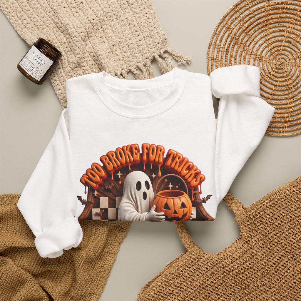 White crewneck sweatshirt styled flat with a candle — sheet ghost hugging a candy pail