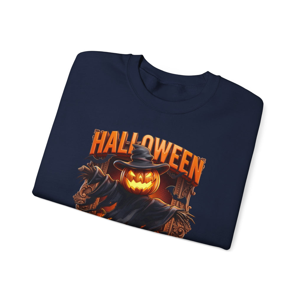Navy crewneck sweatshirt folded to show the scarecrow with a glowing jack-o-lantern head stands print