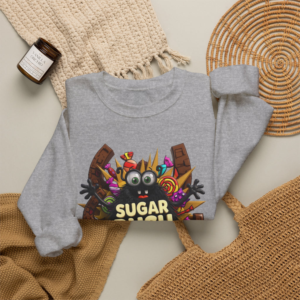 Sport Grey crewneck sweatshirt styled flat with a candle — fuzzy black monster with googly eyes