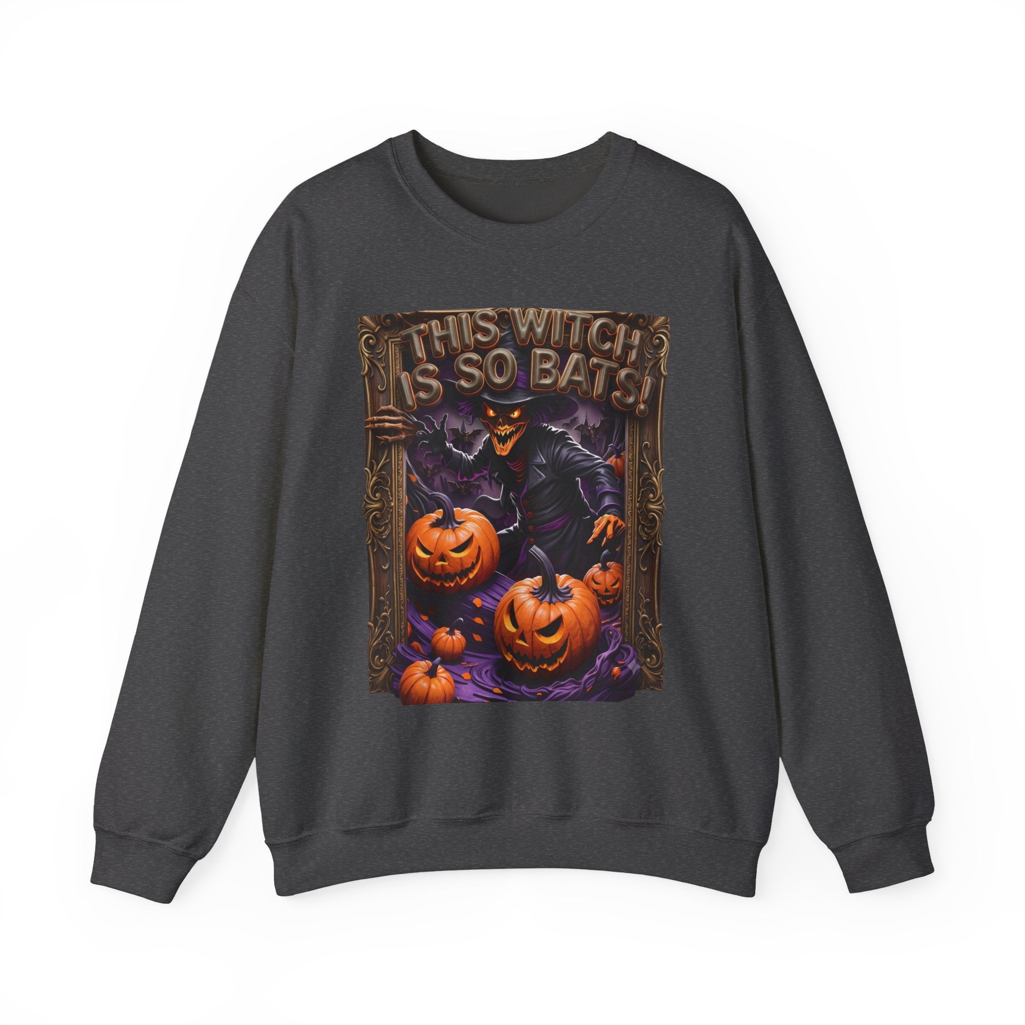 Dark Heather crewneck sweatshirt laid flat, printed with a grinning witch in a pointed hat looms over glowing