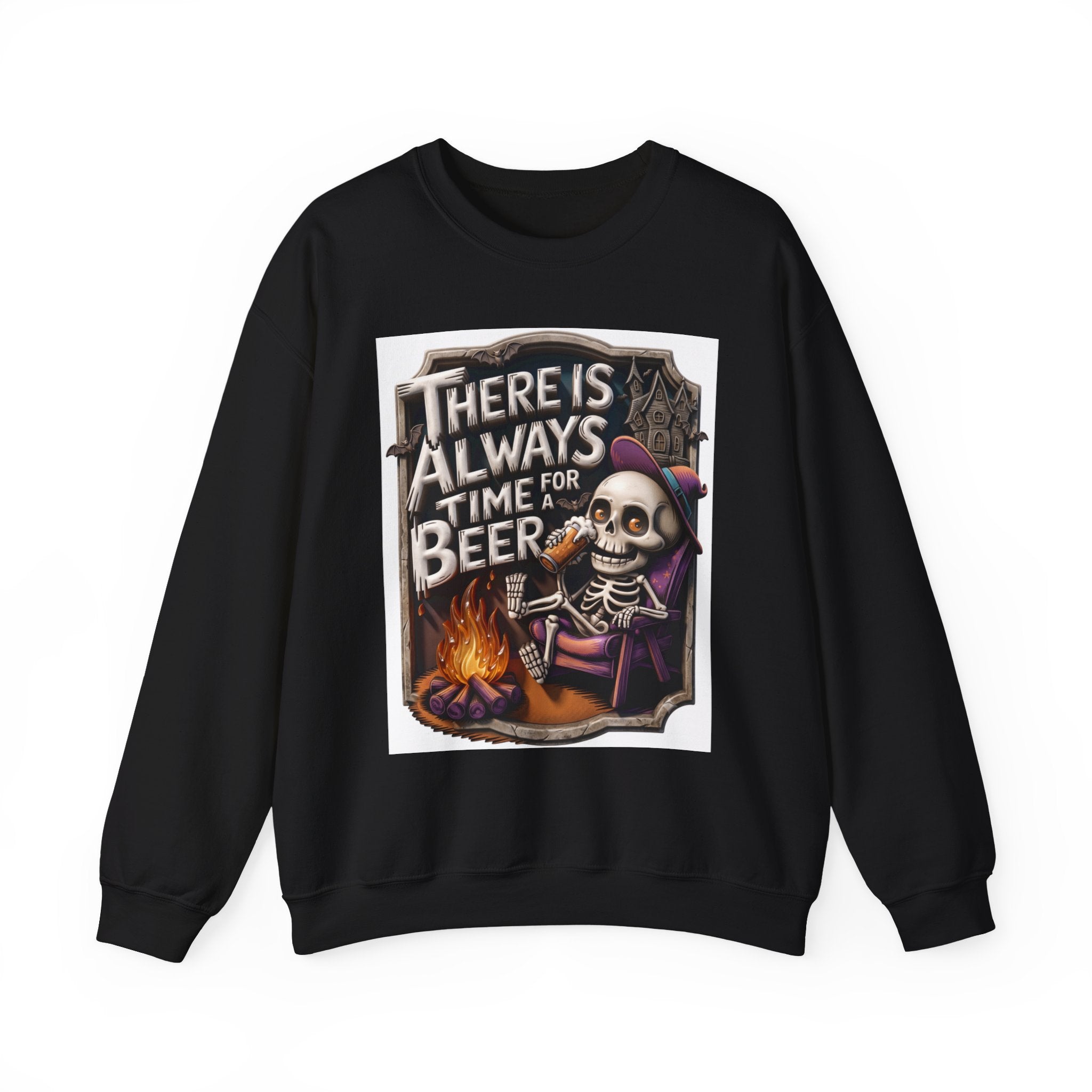 Black crewneck sweatshirt laid flat, printed with a skeleton in a floppy purple hat kicks back