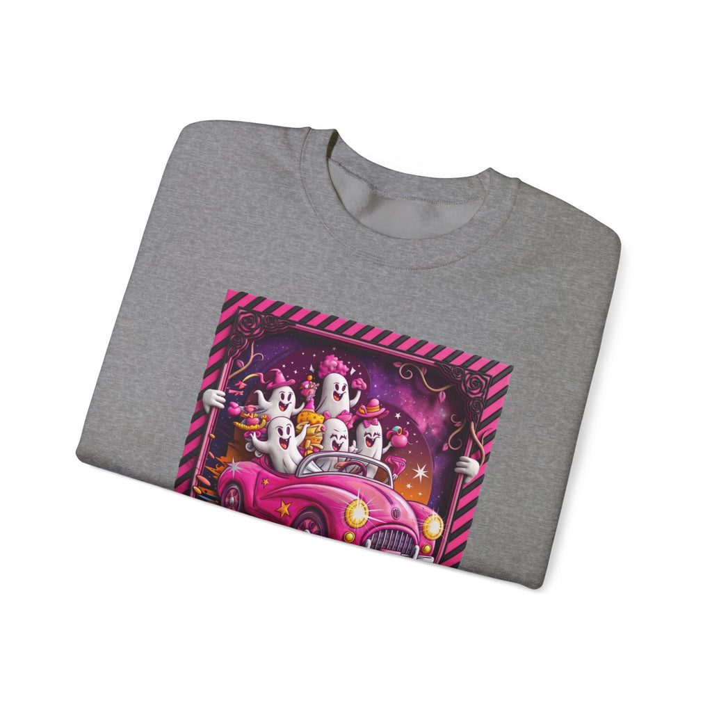 Graphite Heather crewneck sweatshirt folded to show the carload of smiling ghosts cruises in a bubblegum pink print