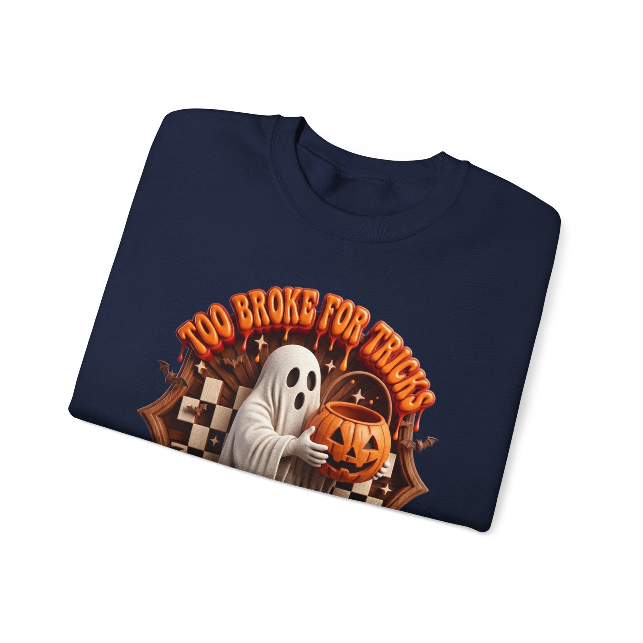 Navy crewneck sweatshirt folded to show the sheet ghost hugs a jack-o-lantern candy pail print