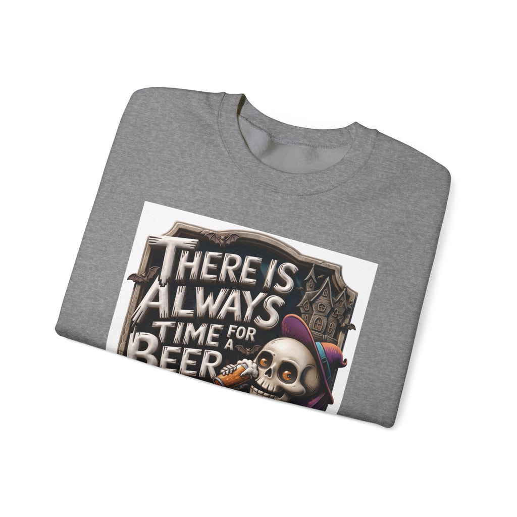 Graphite Heather crewneck sweatshirt folded to show the skeleton in a floppy purple hat kicks back print