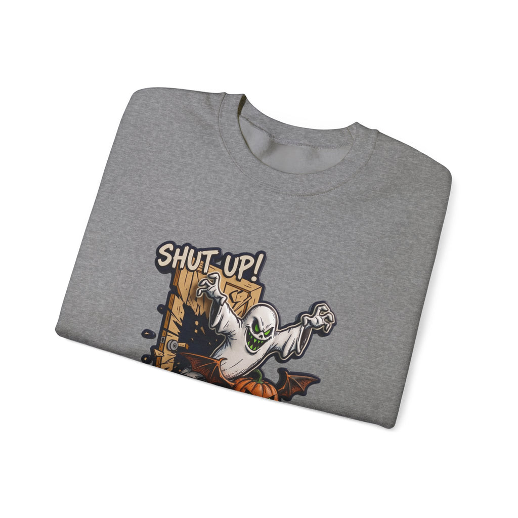 Graphite Heather crewneck sweatshirt folded to show the green-eyed ghost with bat wings bursts through a wooden print