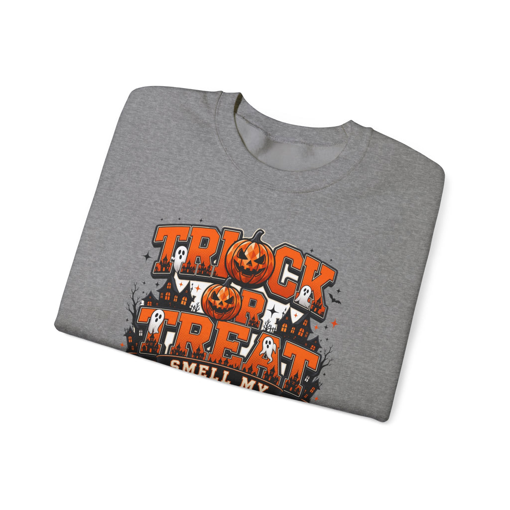 Graphite Heather crewneck sweatshirt folded to show the stacked orange and black lettering spells out the classic print