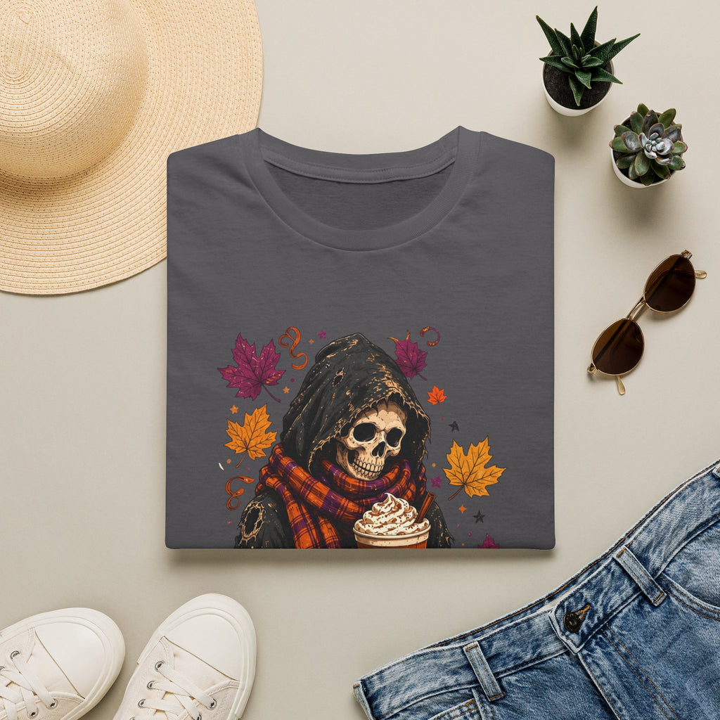 Charcoal t-shirt styled flat with a candle — hooded reaper with pumpkin spice drink