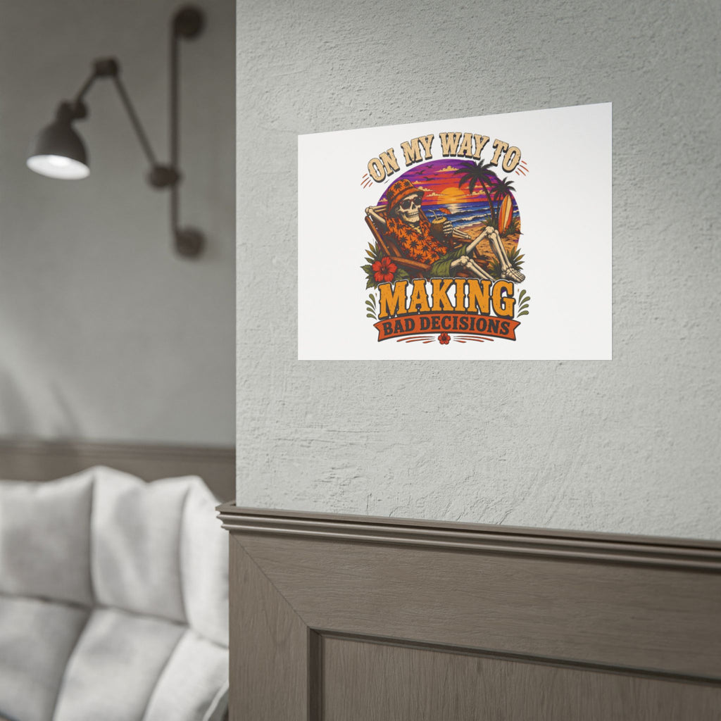 Poster print showing a grinning skeleton stretched out under a burning tropical sunset, view 20