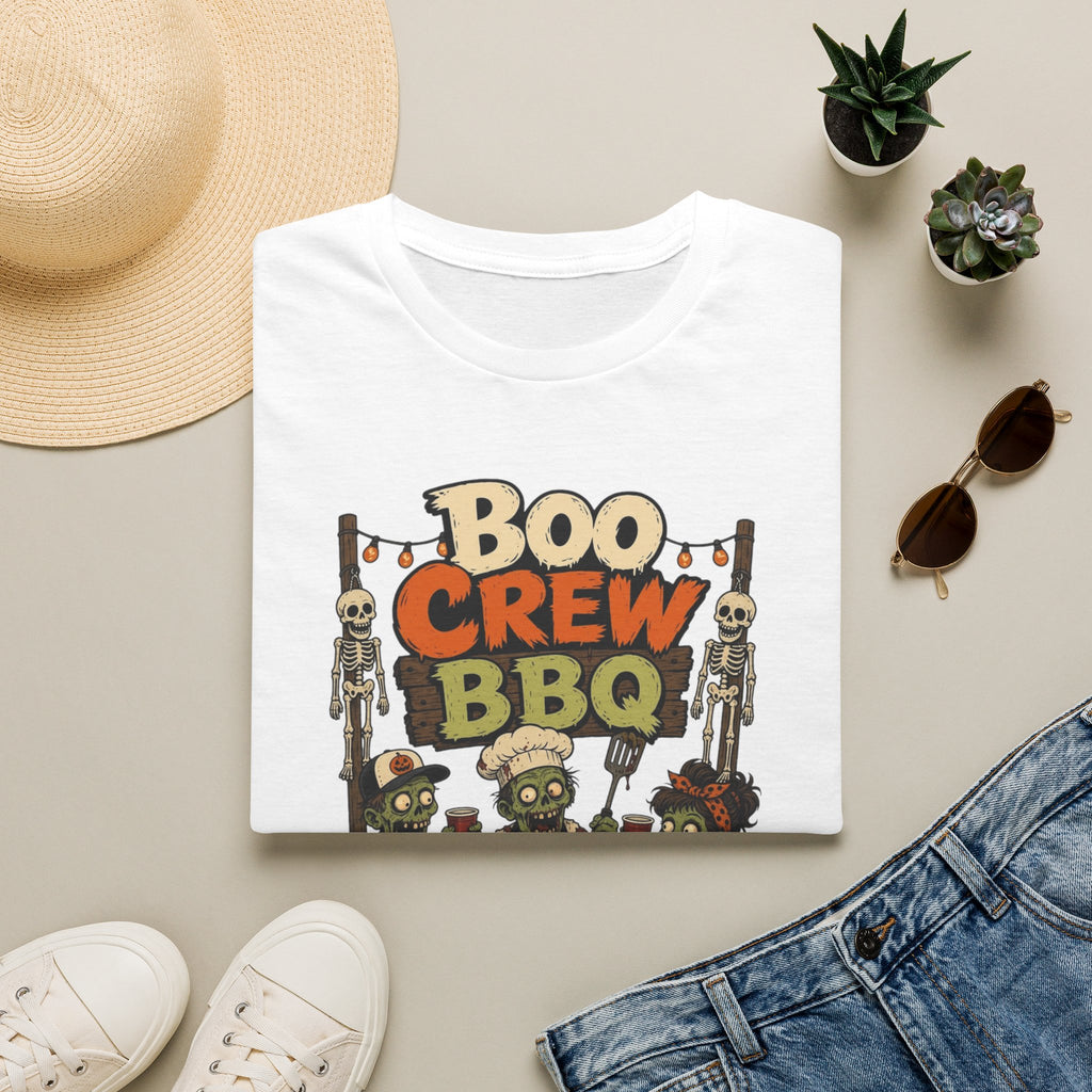 White t-shirt styled flat with a candle — skeletons and zombies around a grill