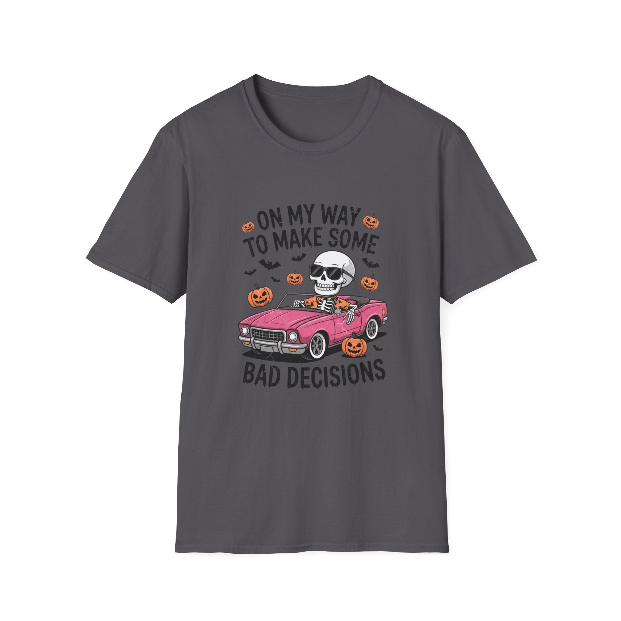 Charcoal t-shirt laid flat, printed with a pink convertible car and a skull