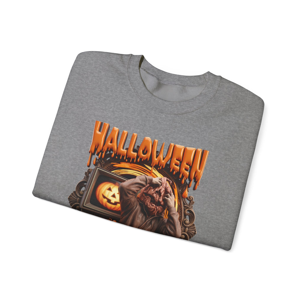 Graphite Heather crewneck sweatshirt folded to show the hunched monster claws at its own head print