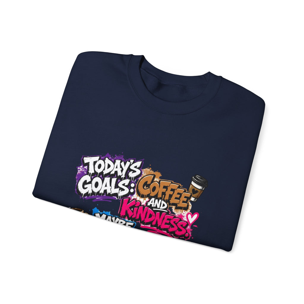 Navy crewneck sweatshirt folded to show the stacked graffiti lettering in electric pinks print