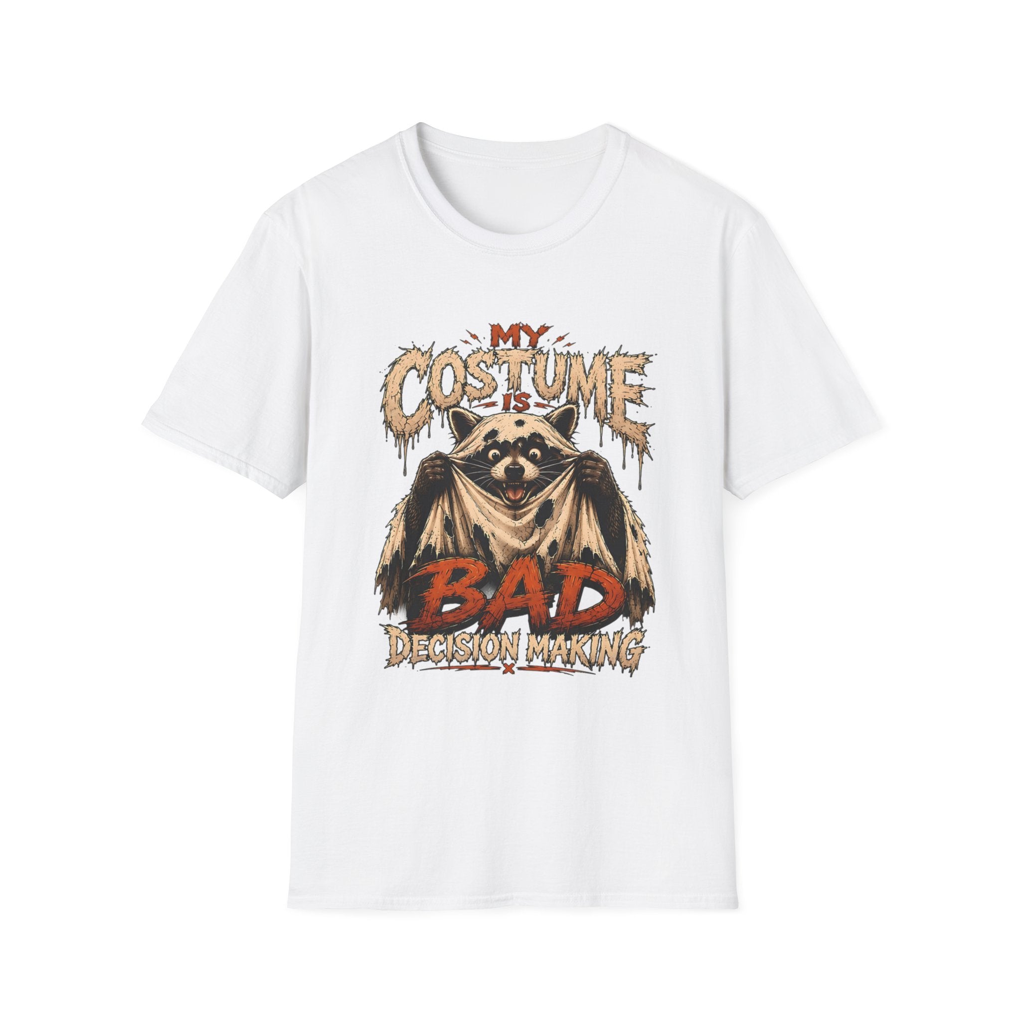 White t-shirt laid flat, printed with a wide-eyed raccoon holding open a shabby fur cape as