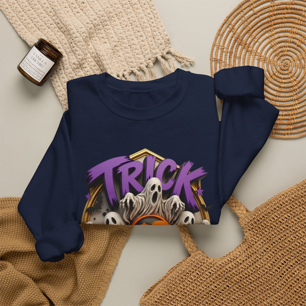 Navy crewneck sweatshirt styled flat with a candle — ghosts huddled between carved pumpkins