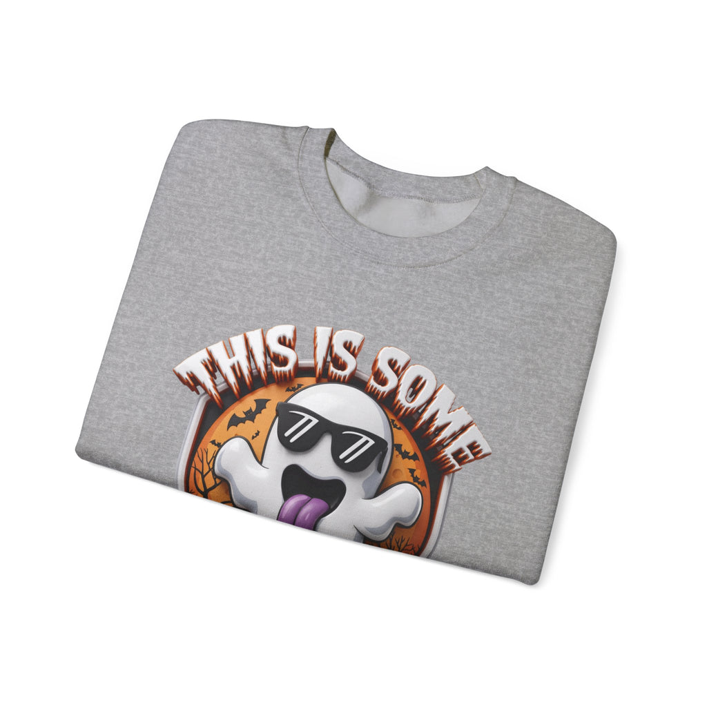 Sport Grey crewneck sweatshirt folded to show the cartoon ghost in dark sunglasses sticks its purple tongue print