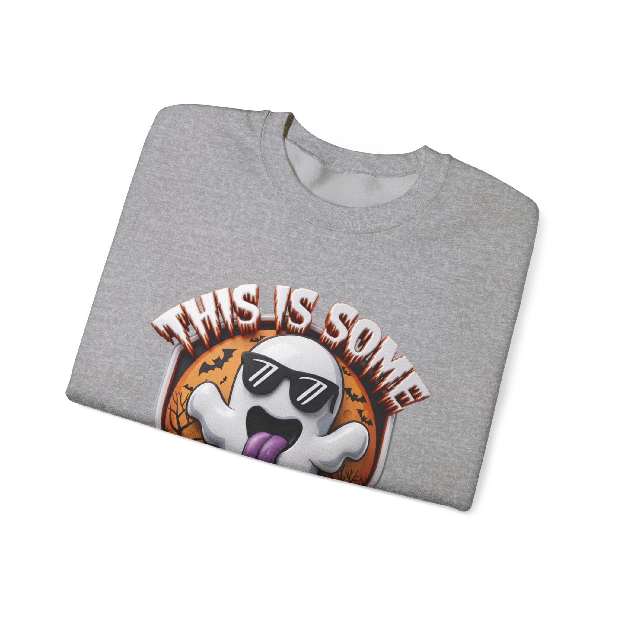 Sport Grey crewneck sweatshirt folded to show the cartoon ghost in dark sunglasses sticks its purple tongue print