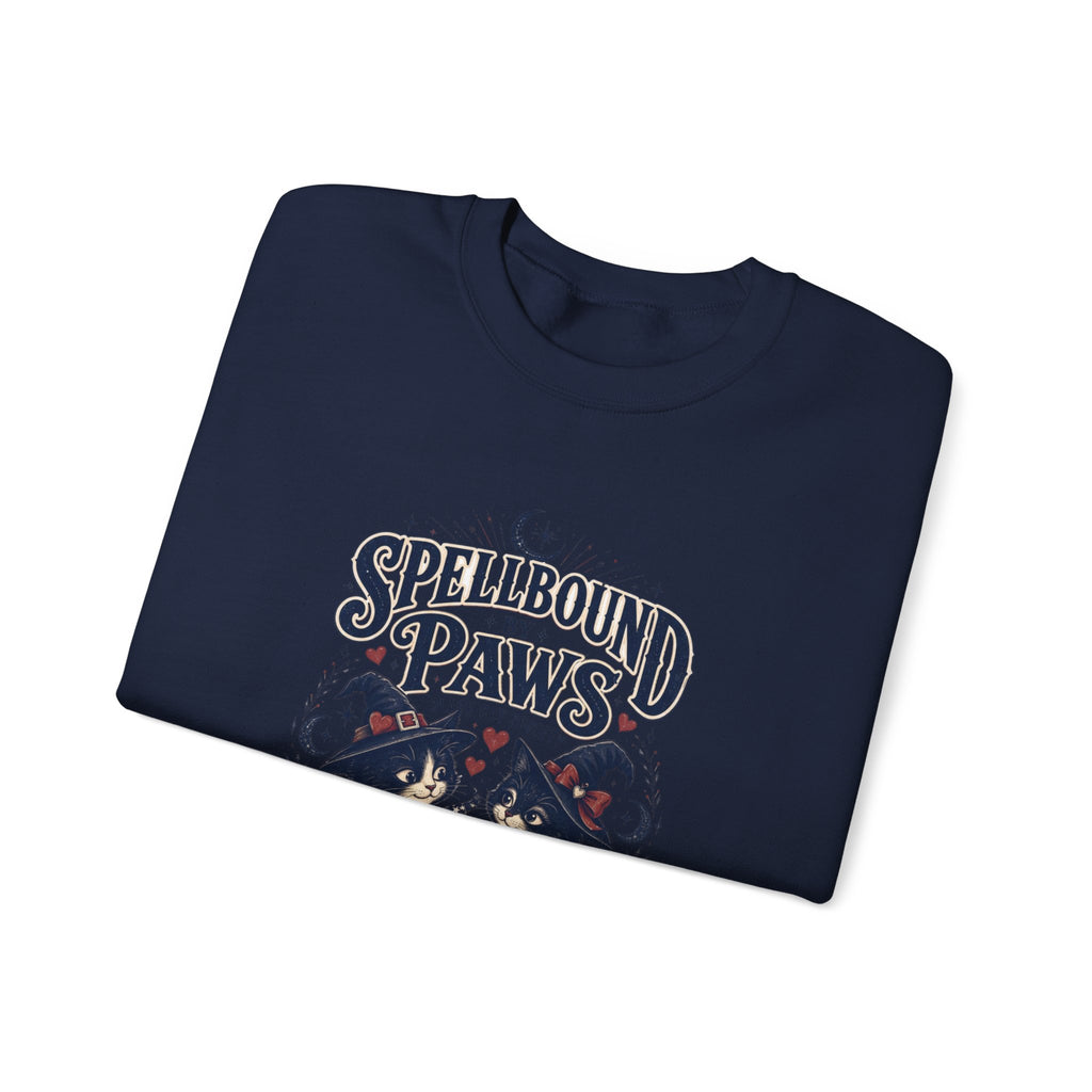 Navy crewneck sweatshirt folded to show the two black cats in witch hats print