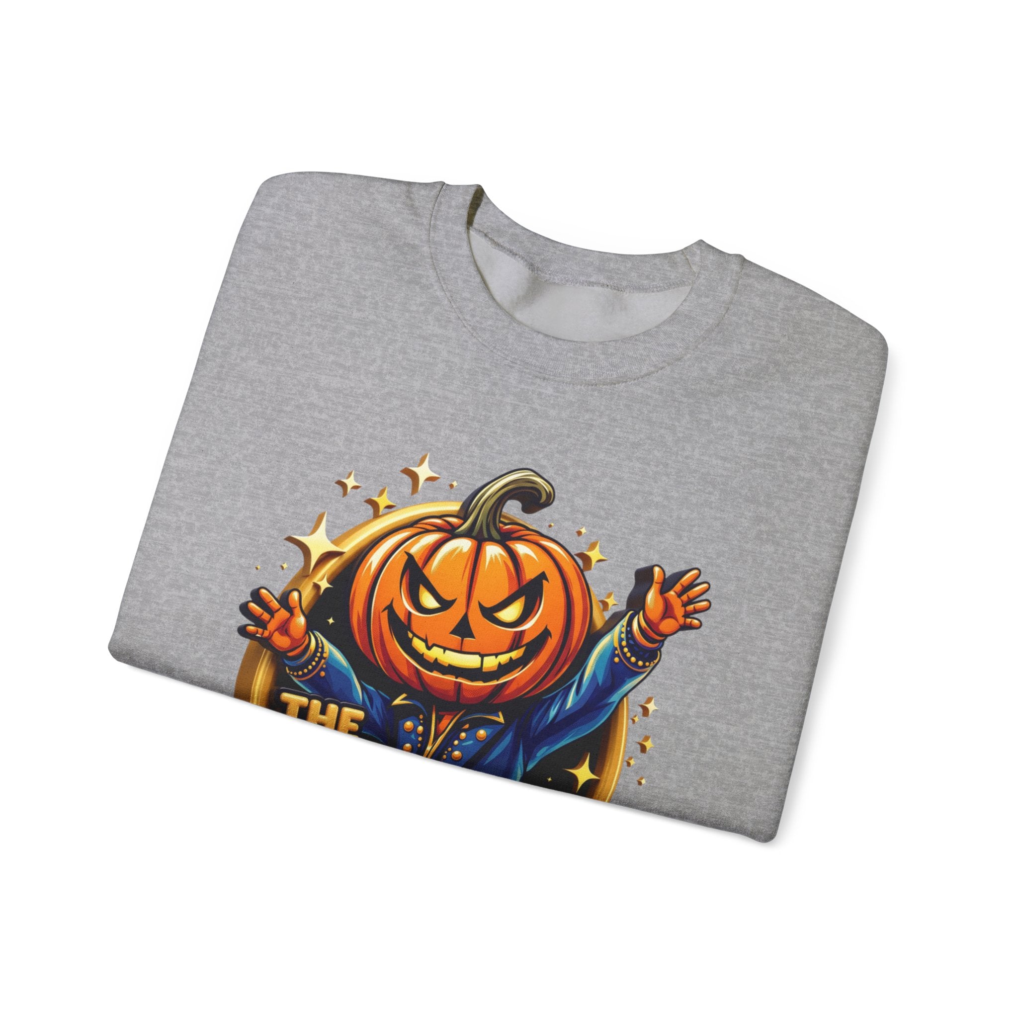 Sport Grey crewneck sweatshirt folded to show the grinning jack-o-lantern head in a blue jacket throws print
