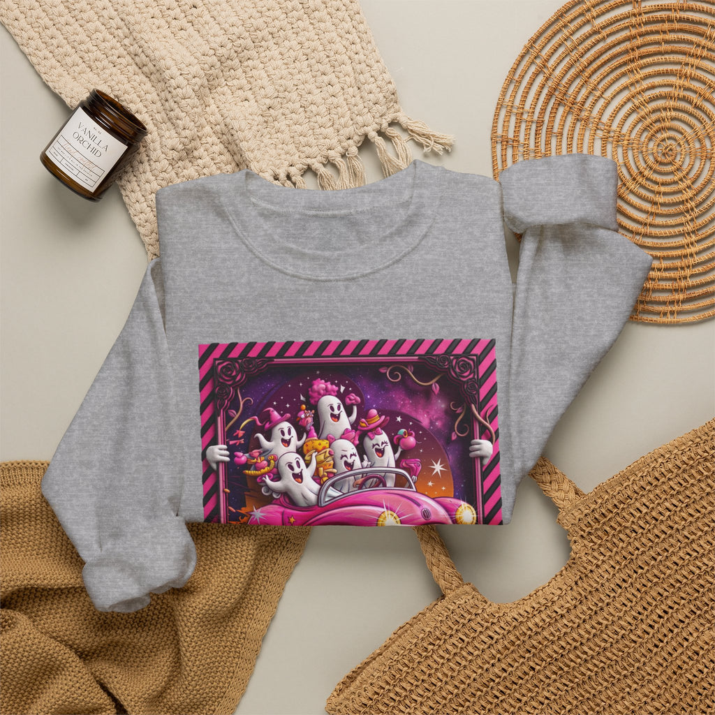 Sport Grey crewneck sweatshirt styled flat with a candle — ghosts in a pink convertible