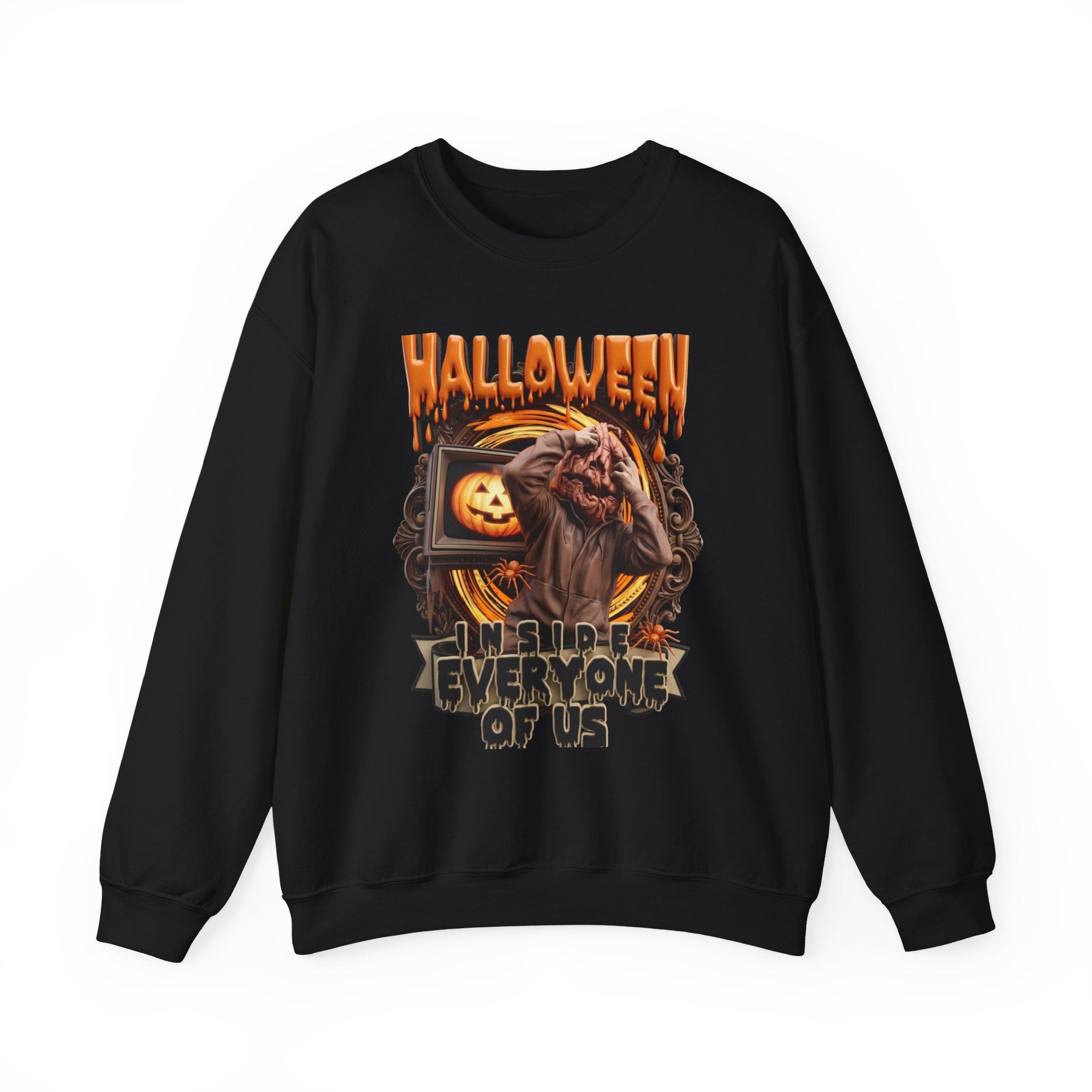 Black crewneck sweatshirt laid flat, printed with a hunched monster claws at its own head