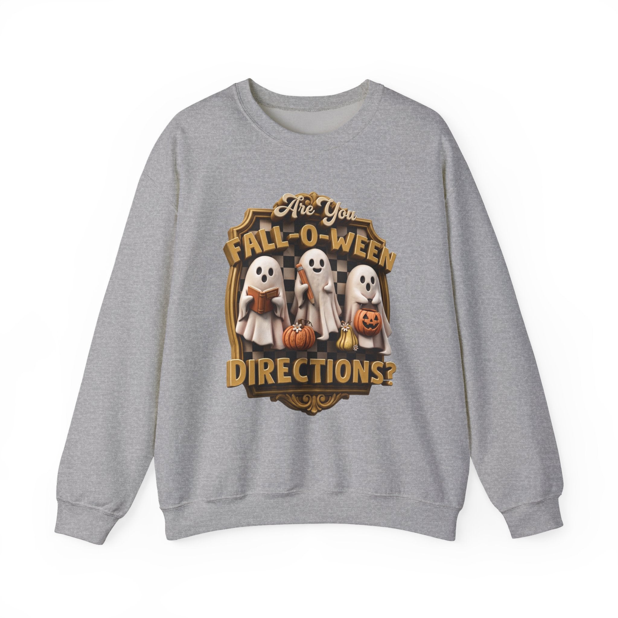 Sport Grey crewneck sweatshirt laid flat, printed with a three little sheet ghosts read a book and carry
