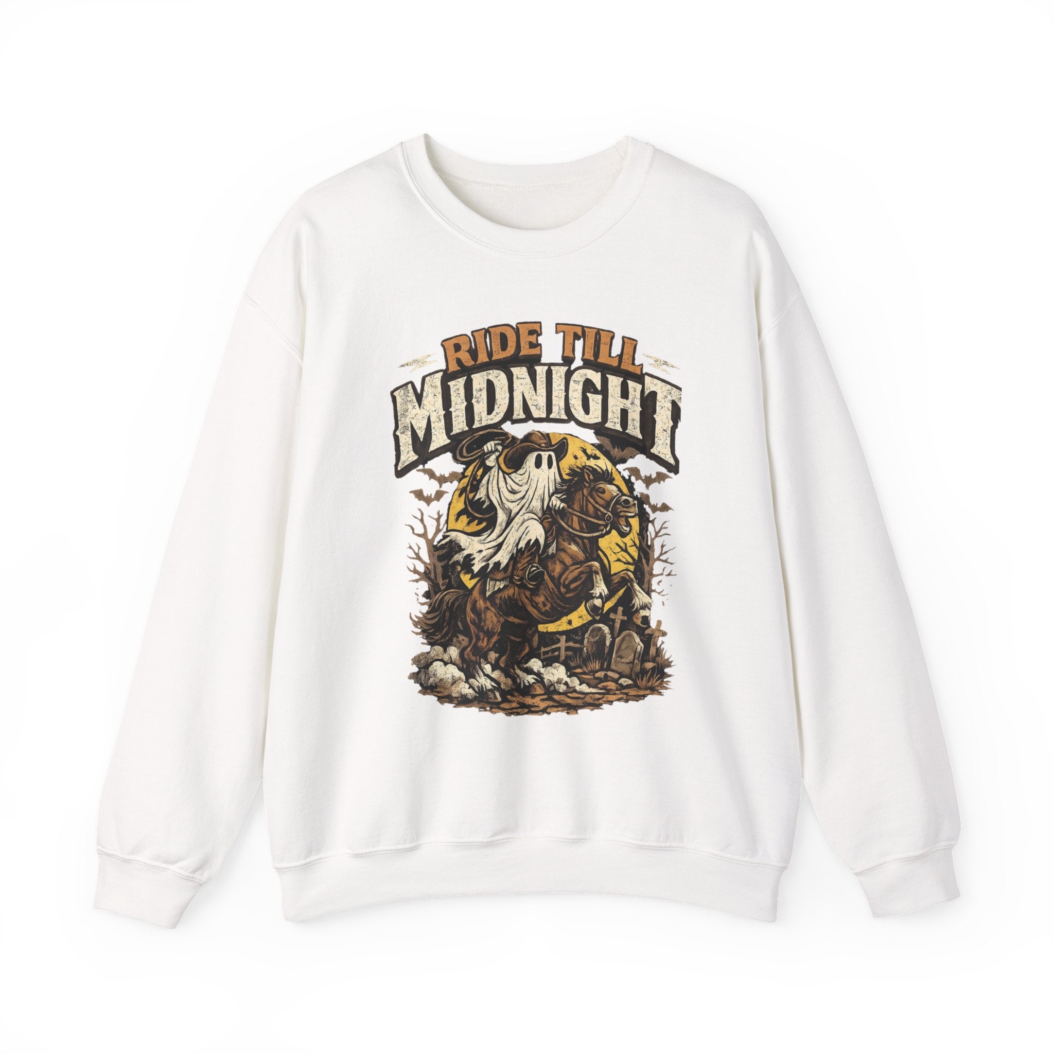 White crewneck sweatshirt laid flat, printed with a vintage style skeleton on a motorcycle under a banner