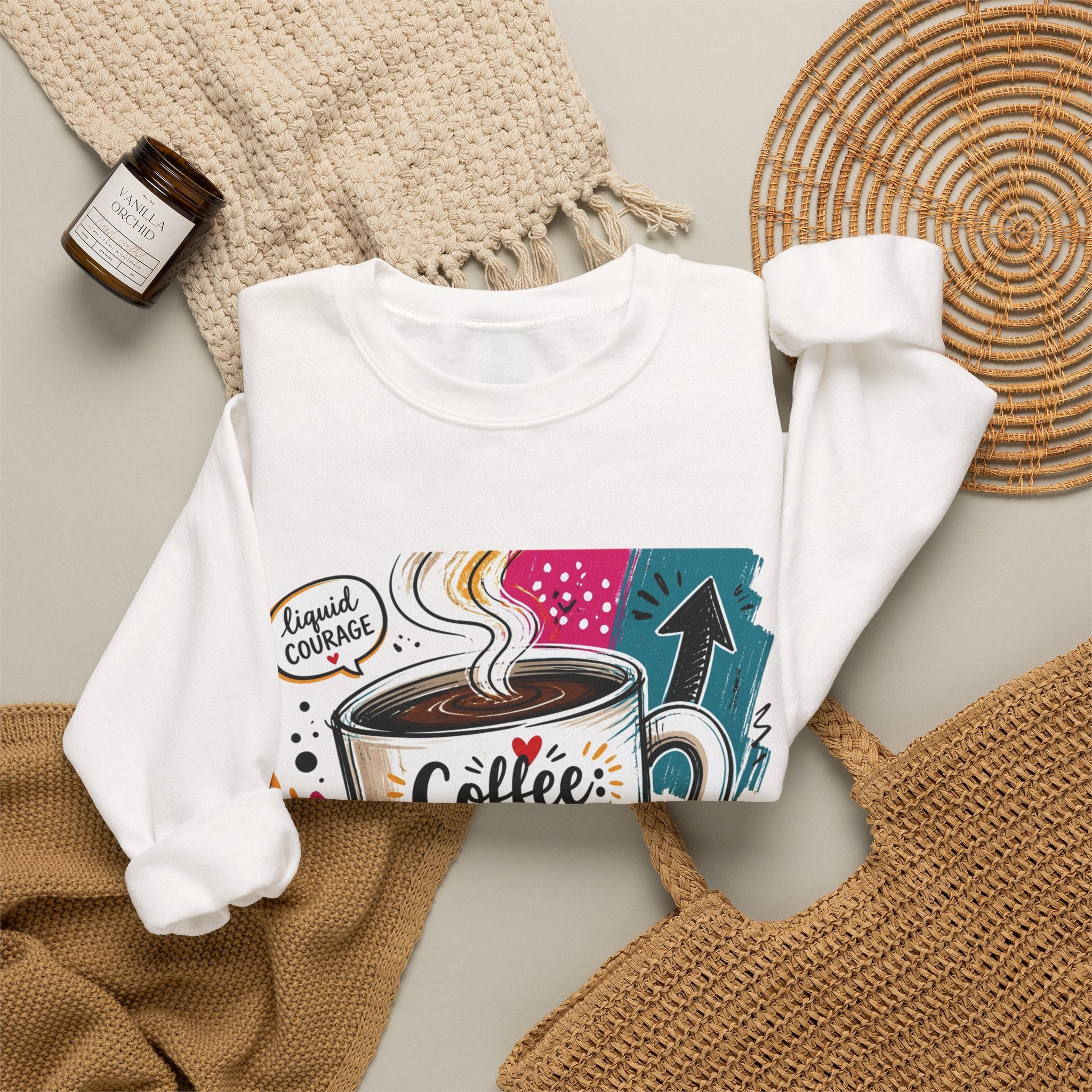 White crewneck sweatshirt styled flat with a candle — striped mug in a paper collage