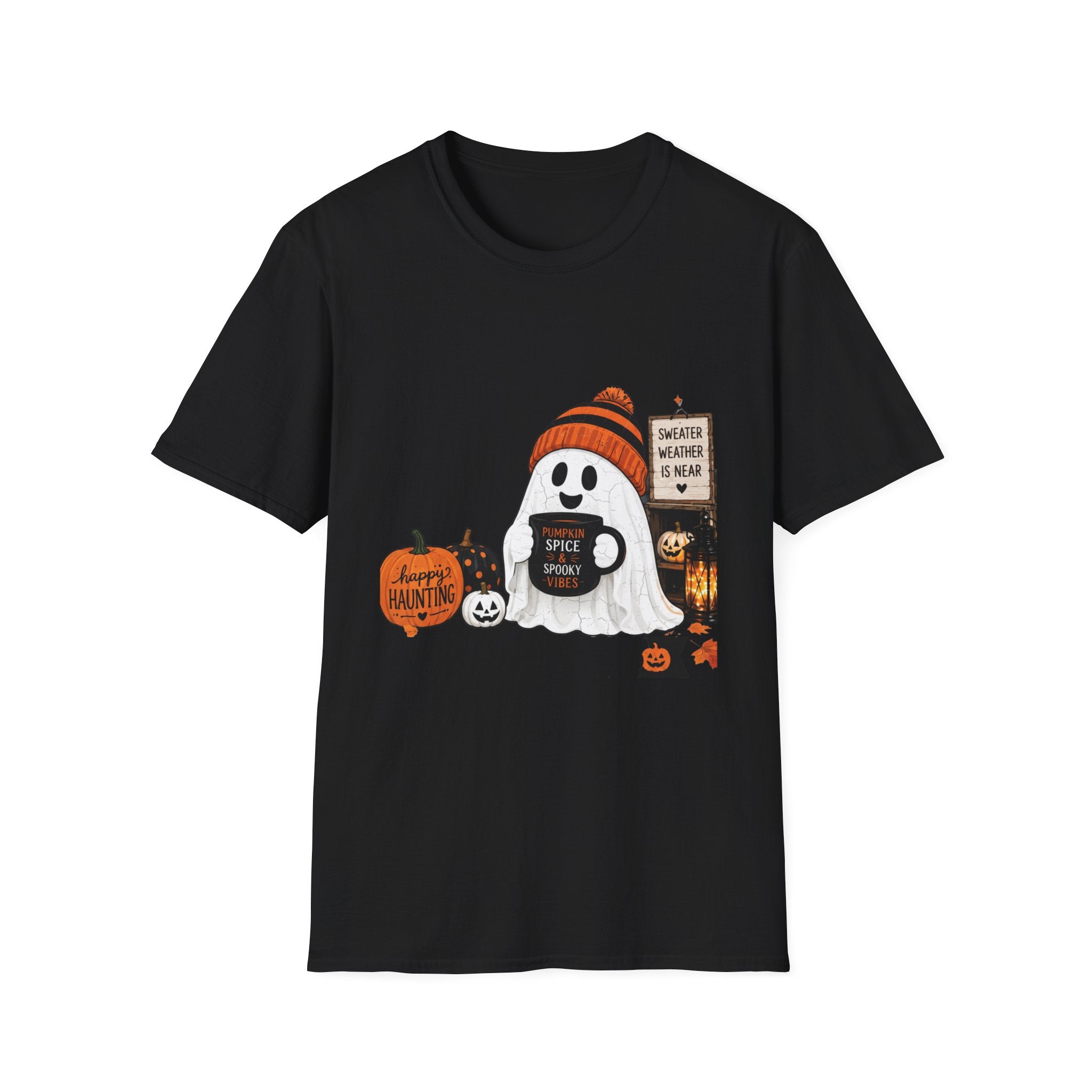 Black t-shirt laid flat, printed with a small ghost in a knitted beanie holding a hand-painted
