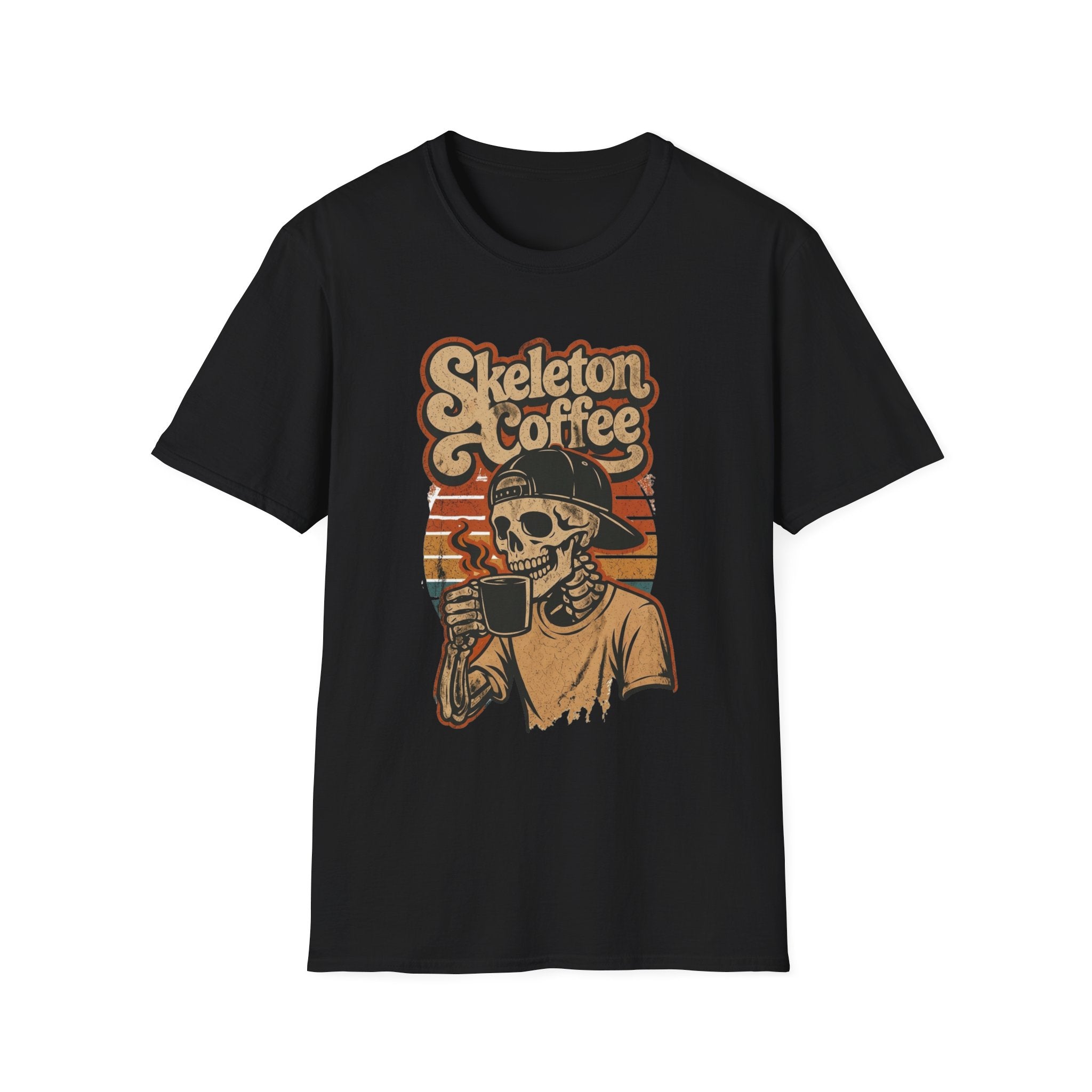 Black t-shirt laid flat, printed with a skeleton in a knitted sweater raising a paper cup