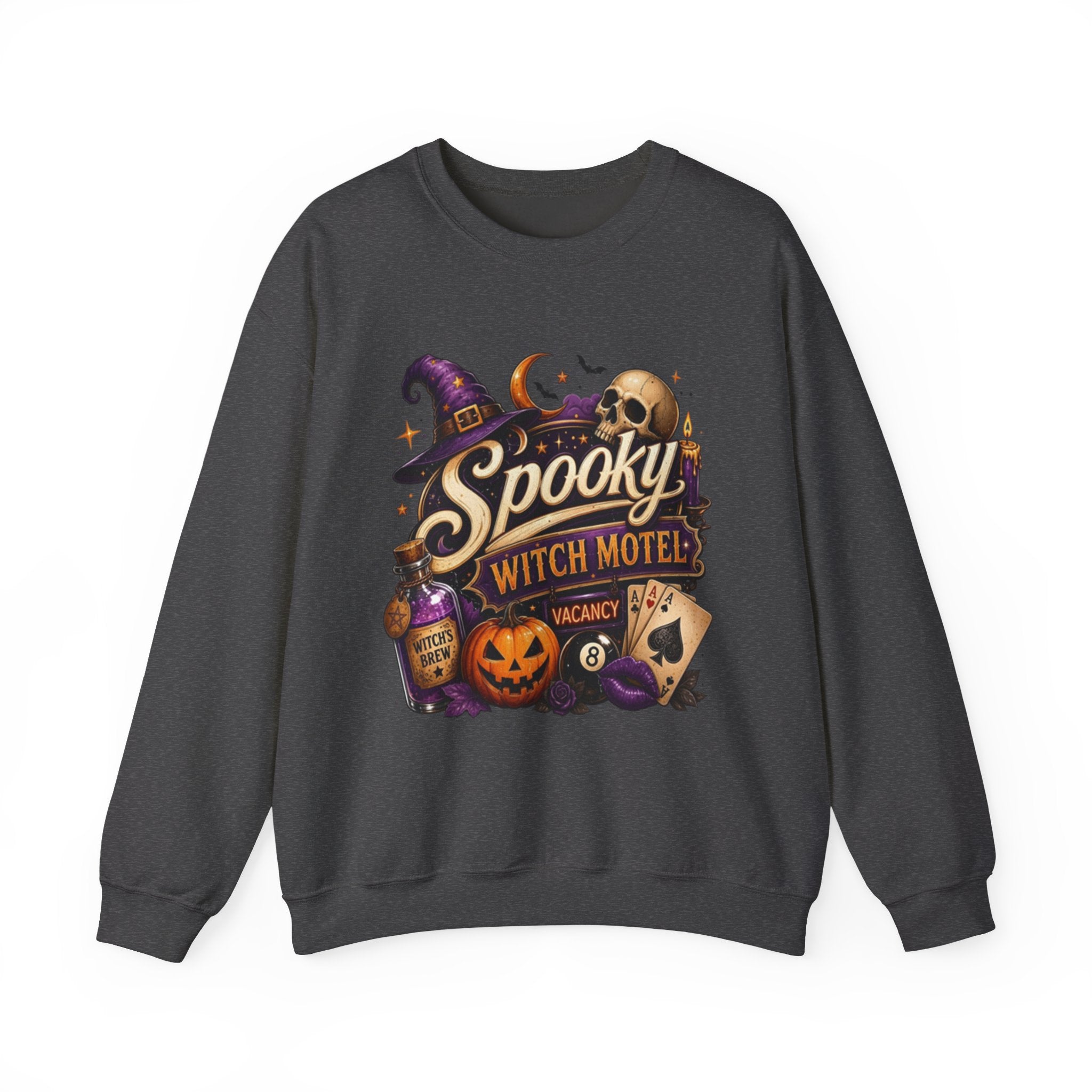 Dark Heather crewneck sweatshirt laid flat, printed with a neon vintage motel sign reading spooky witch motel