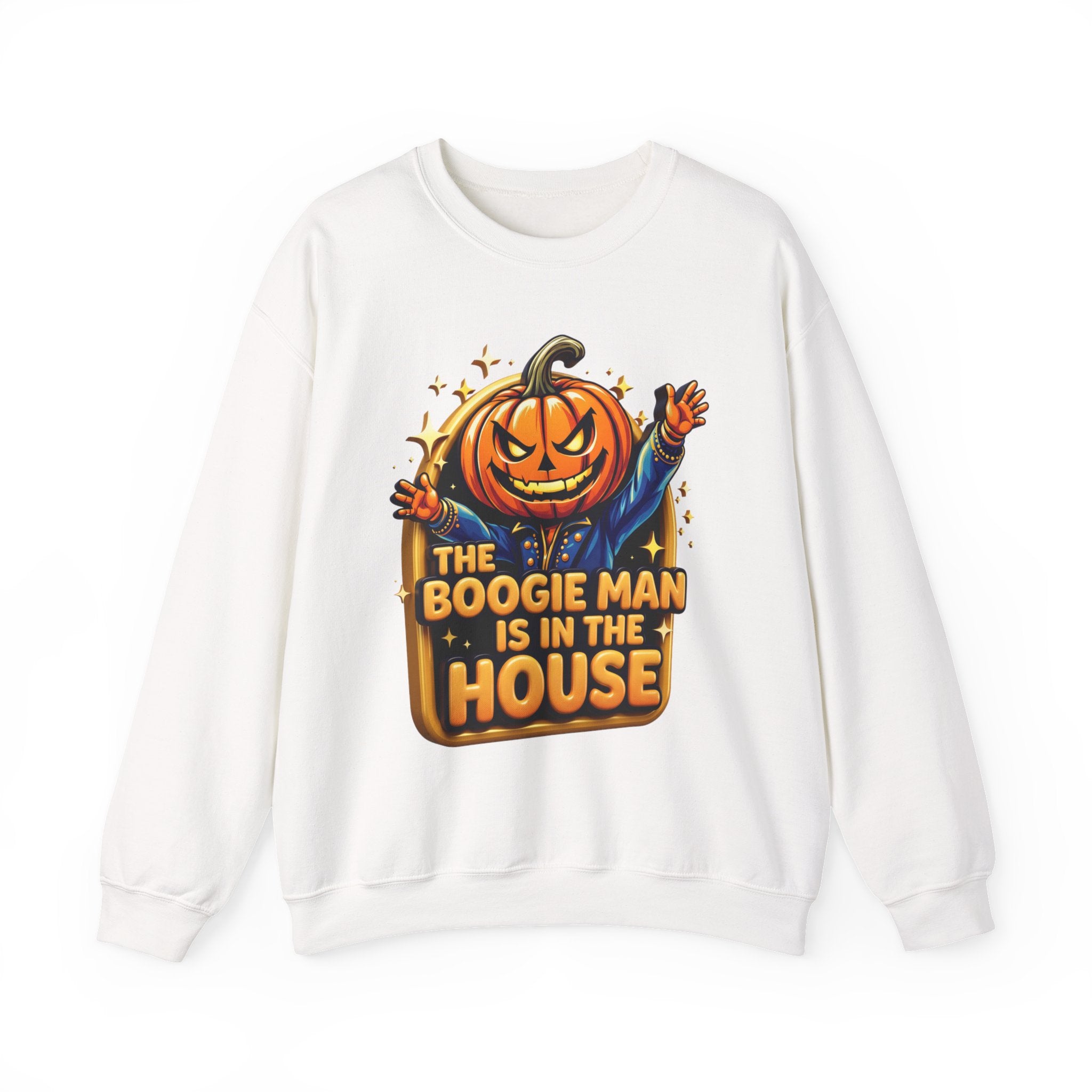 White crewneck sweatshirt laid flat, printed with a grinning jack-o-lantern head in a blue jacket throws