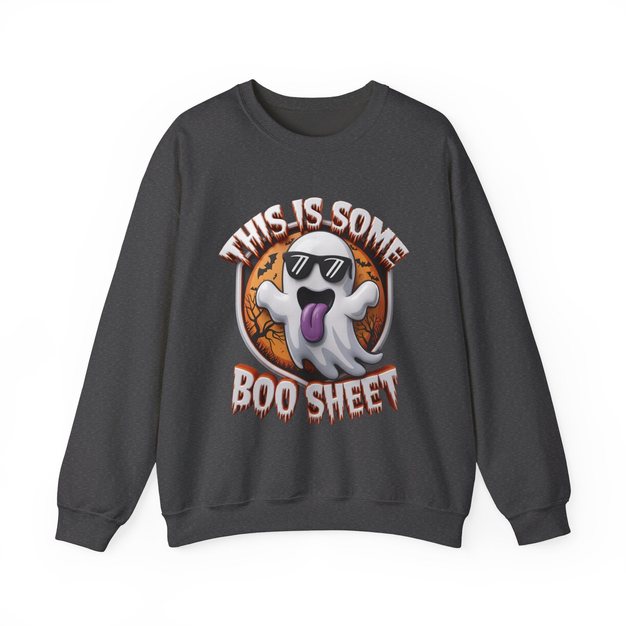 Dark Heather crewneck sweatshirt laid flat, printed with a cartoon ghost in dark sunglasses sticks its purple tongue